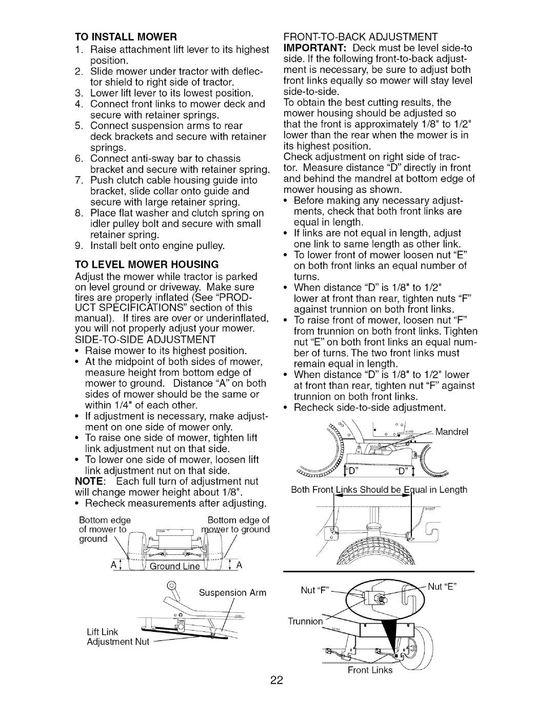 Craftsman 917.27537 owner manual To Level Mower Housing, SIDE-TO-SIDE Adjustment, FRONT-TO-BACK Adjustment 