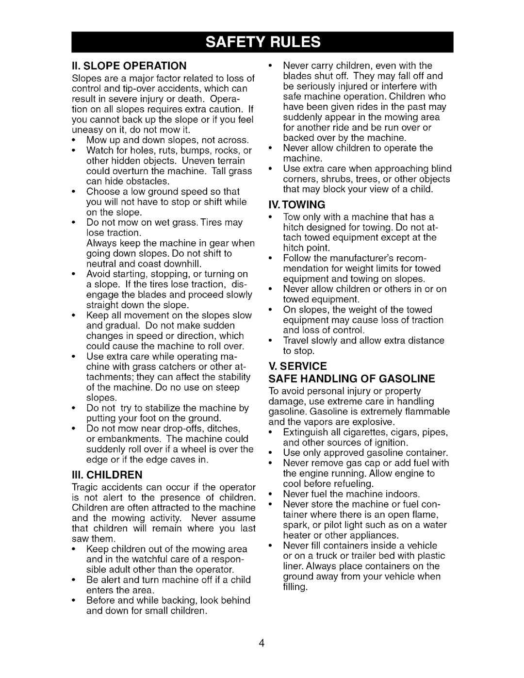 Craftsman 917.27537 owner manual II. Slope Operation, III. Children, IV. Towing, Service Safe Handling of Gasoline 