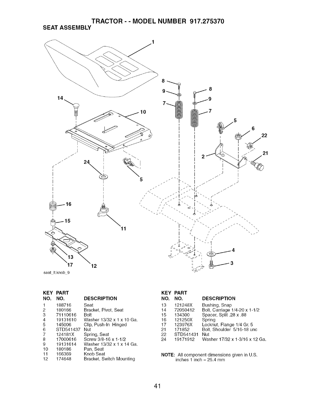 Craftsman 917.27537 owner manual Tractor - Model Number Seat Assembly 