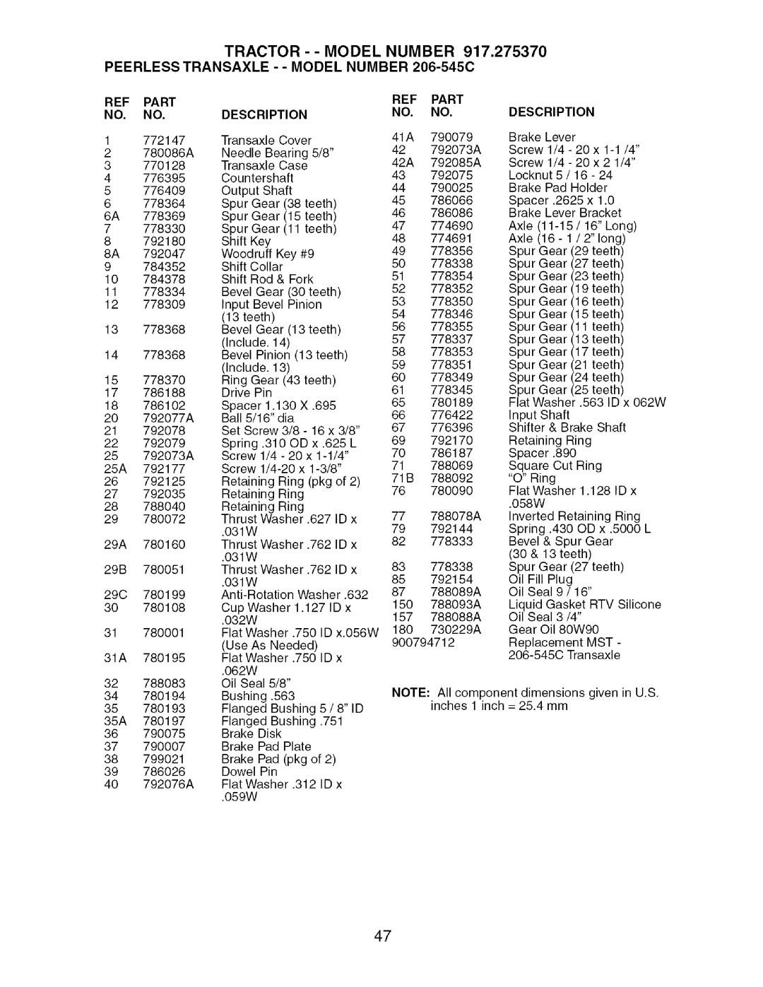 Craftsman 917.27537 owner manual Tractor - Model Number Peerless Transaxle - Model Number, Part Description, Mst 