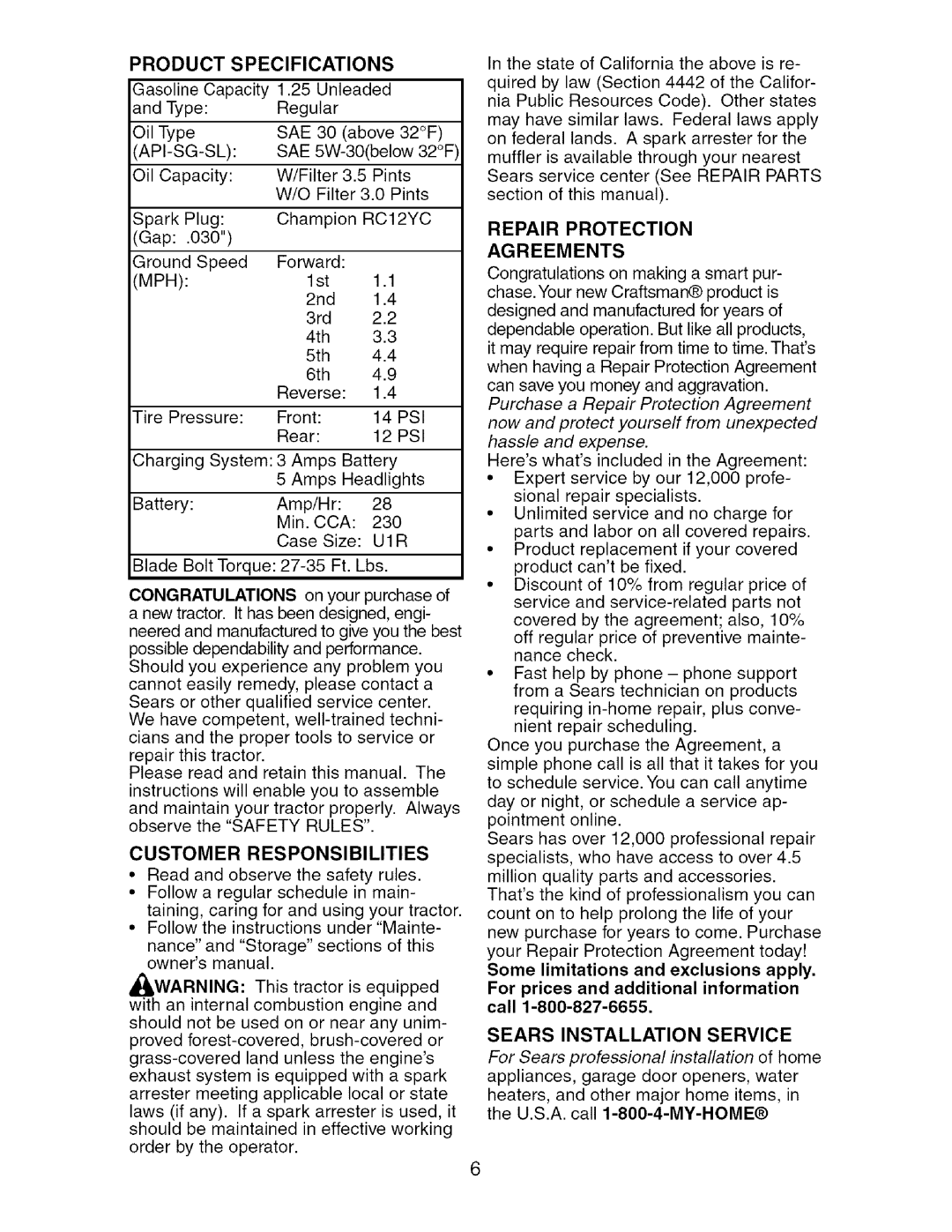 Craftsman 917.27537 owner manual Product, Repair Protection Agreements 