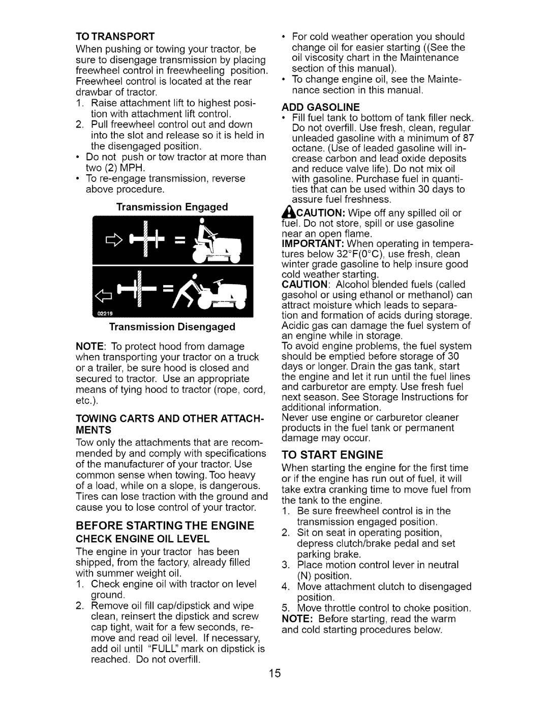 Craftsman 917.27538 Towing Carts and Other Attach, Ments, Before Starting the Engine, Check Engine OIL Level, ADD Gasoline 