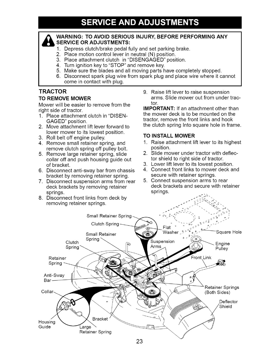 Craftsman 917.27538 owner manual To Remove Mower, To Install Mower 