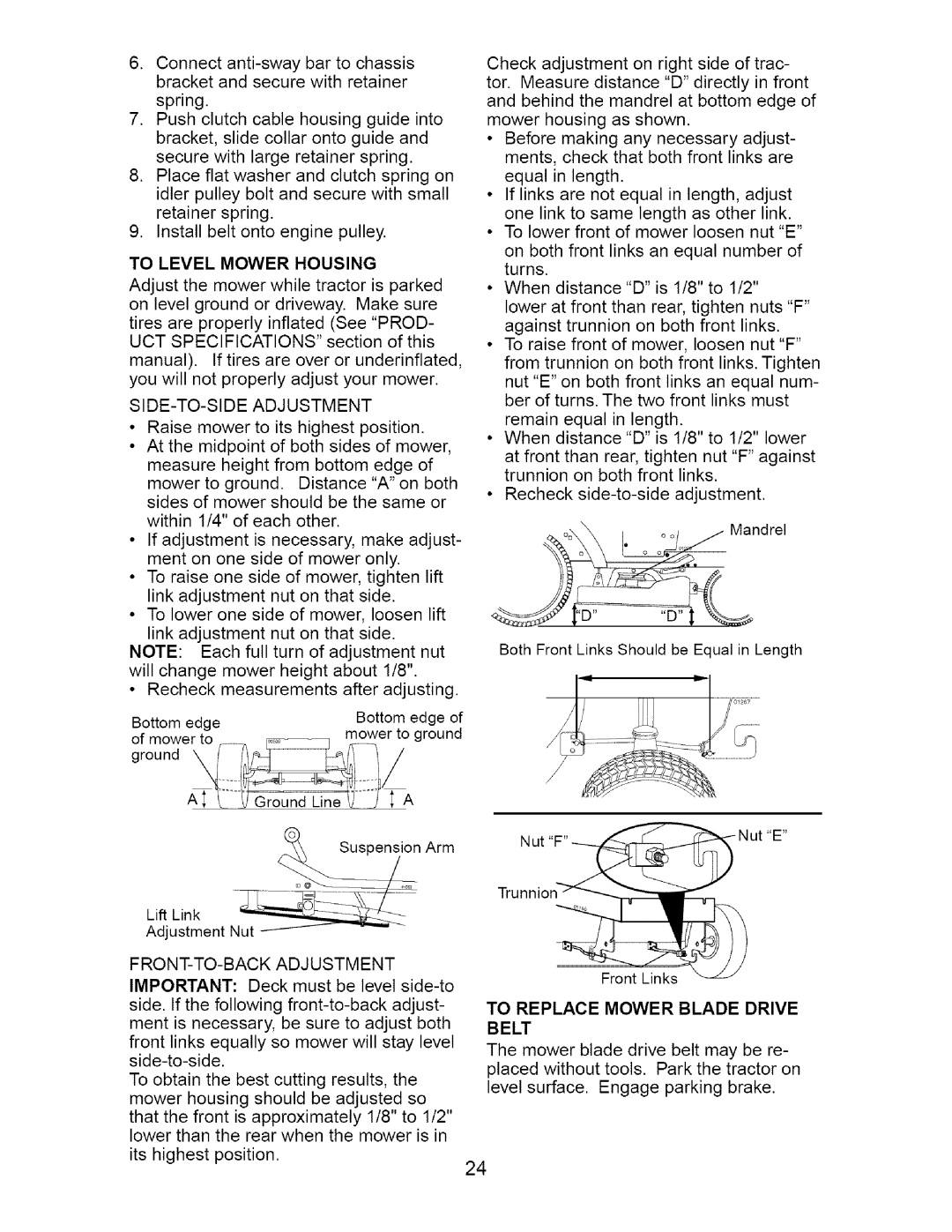 Craftsman 917.27538 owner manual To Replace Mower Blade Drive Belt, To Level Mower Housing, SIDE-TO-SIDE Adjustment 