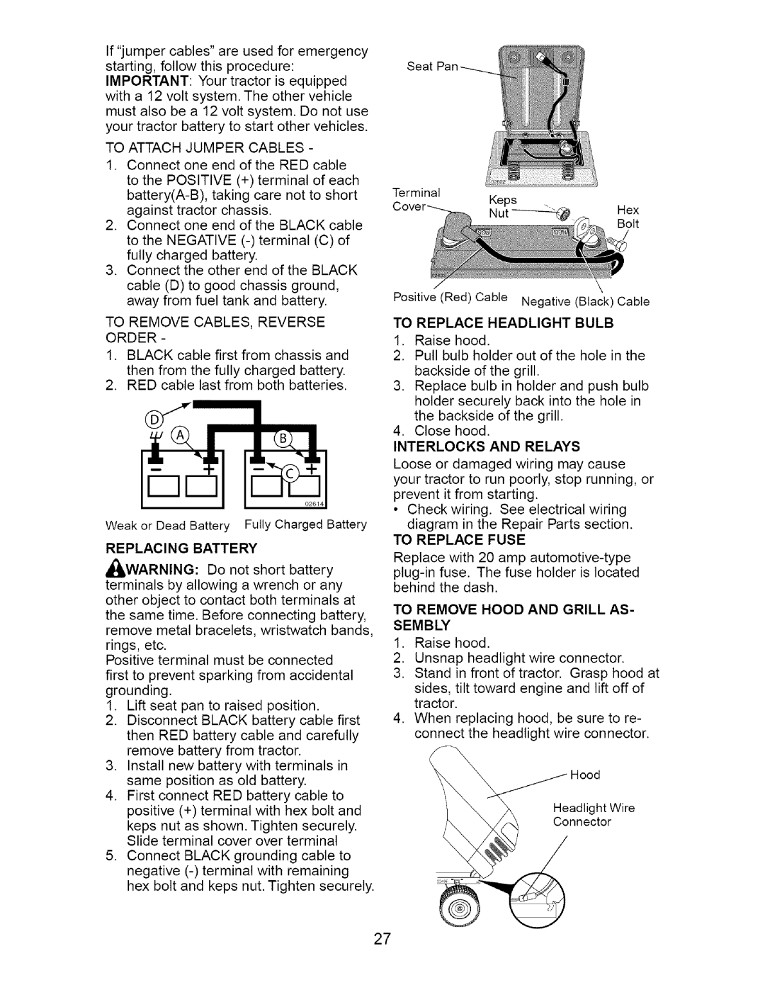 Craftsman 917.27538 owner manual Replacing Battery, To Replace Headlight Bulb, To Remove Hood and Grill AS Sembly 