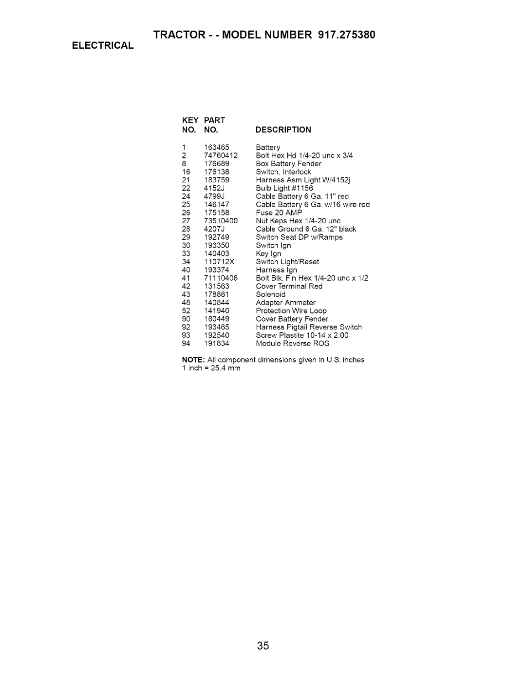 Craftsman 917.27538 owner manual Electrical KEY Part Description 