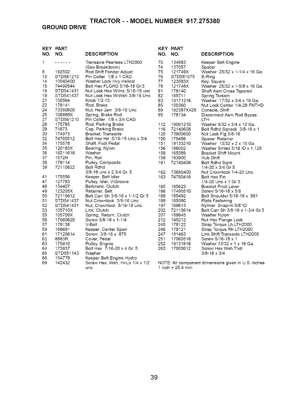 Craftsman 917.27538 owner manual Tractor - Model Number 917,275380 Ground Drive, KEY Part Description 