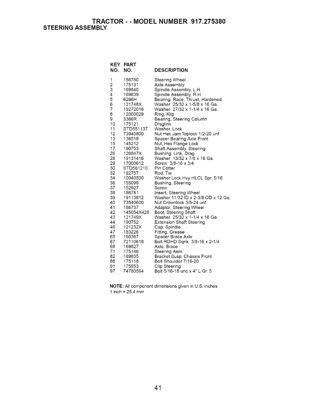 Craftsman owner manual Tractor - Model Number 917.275380 Steering Assembly 