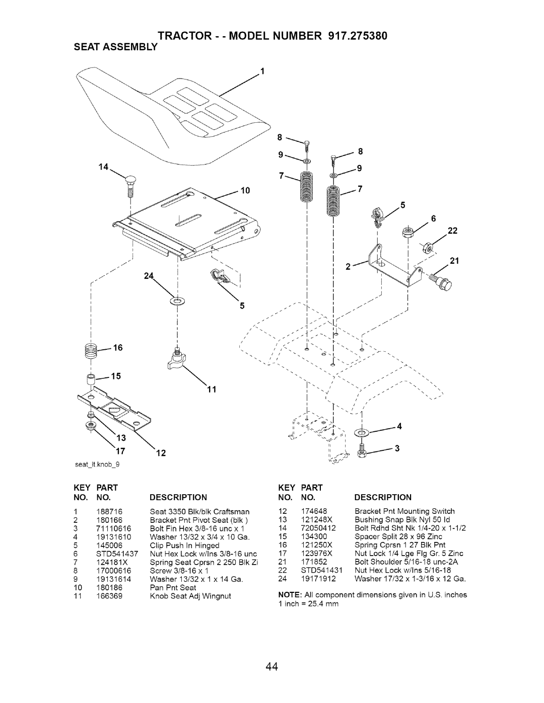 Craftsman 917.27538 owner manual Tractor - Model Number Seat Assembly 