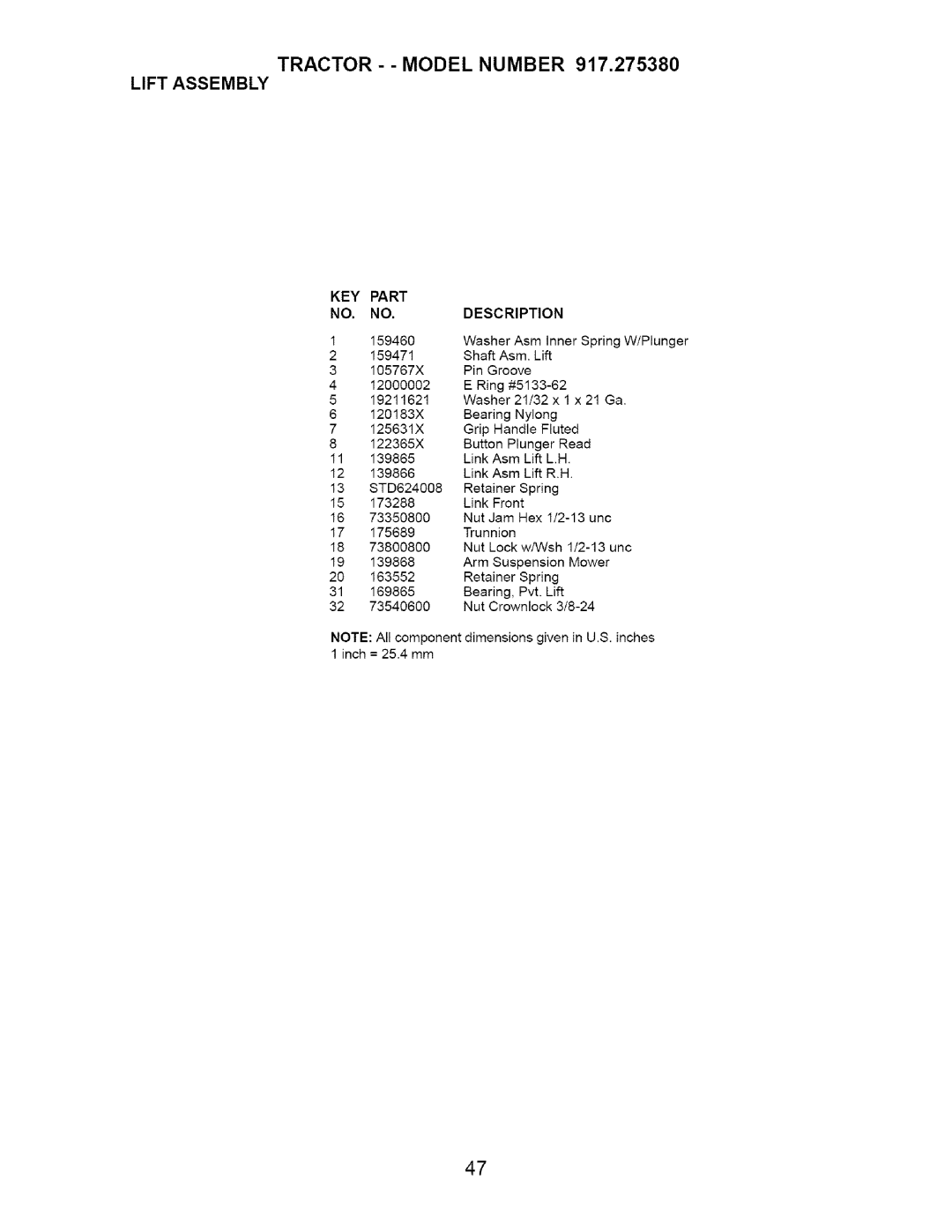 Craftsman 917.27538 owner manual Tractor - Model Number Lift Assembly 