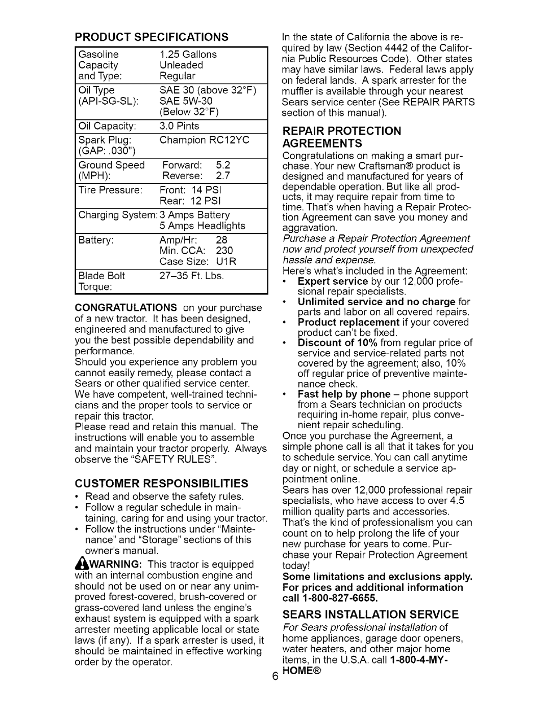 Craftsman 917.27538 owner manual Customer Responsibilities, Repair Protection Agreements 