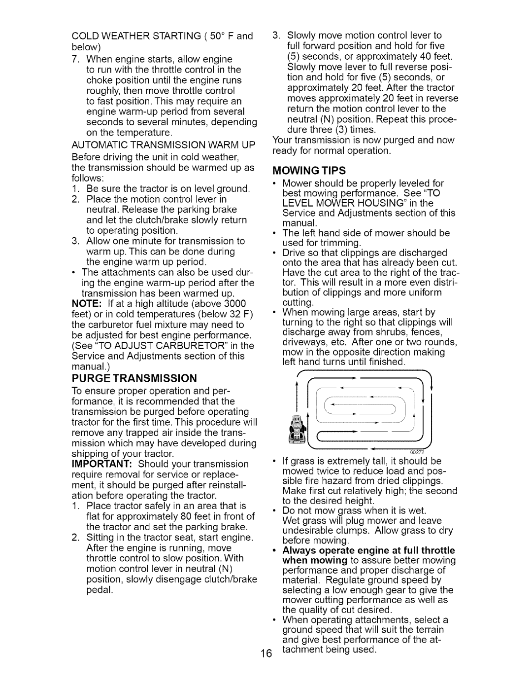 Craftsman 917.2754 owner manual Automatic Transmission Warm UP, Purge Transmission, Mowing Tips 