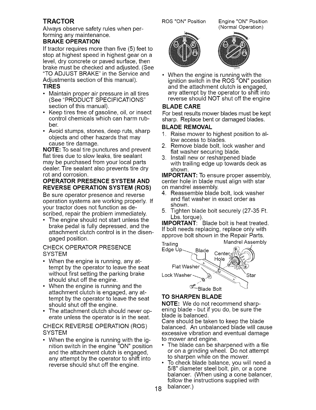 Craftsman 917.2754 Tractor, Operator Presence System Reverse Operation System ROS, Blade Removal, To Sharpen Blade 