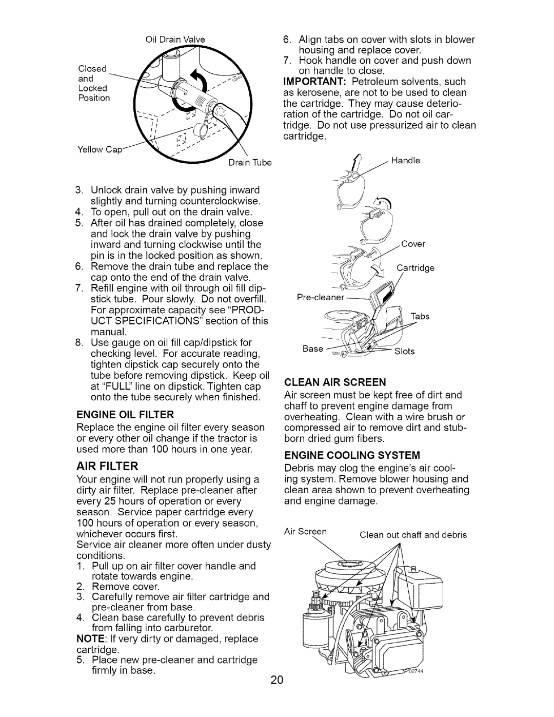 Craftsman 917.2754 owner manual AIR Filter, Clean AIR Screen, Engine Cooling System 