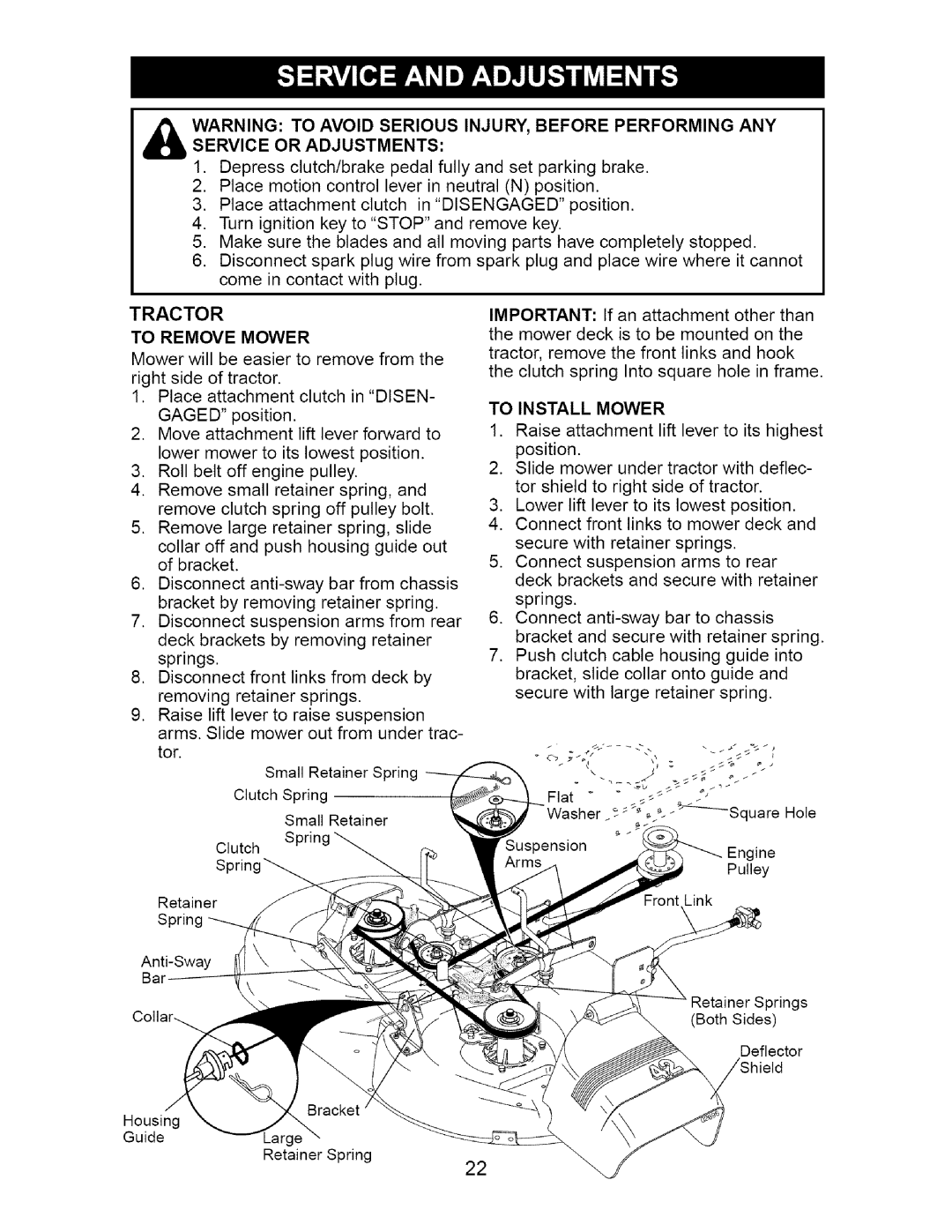 Craftsman 917.2754 owner manual To Remove Mower, To Install Mower 