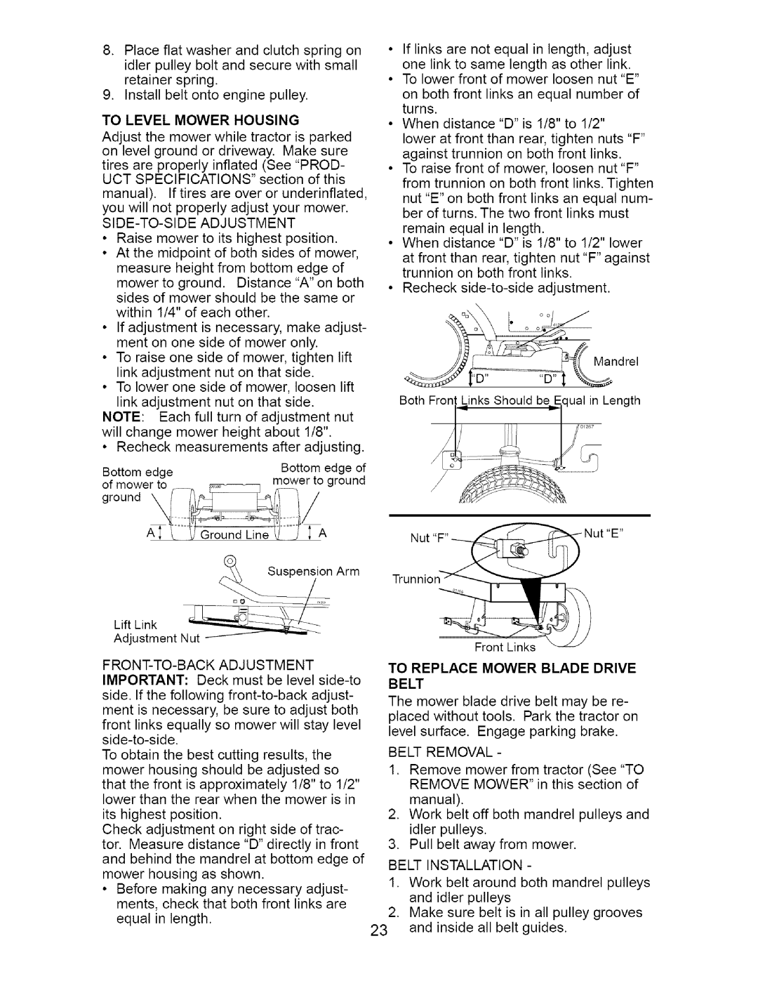 Craftsman 917.2754 To Level Mower Housing, SIDE-TO-SIDE Adjustment, To Replace Mower Blade Drive Belt, Belt Removal 