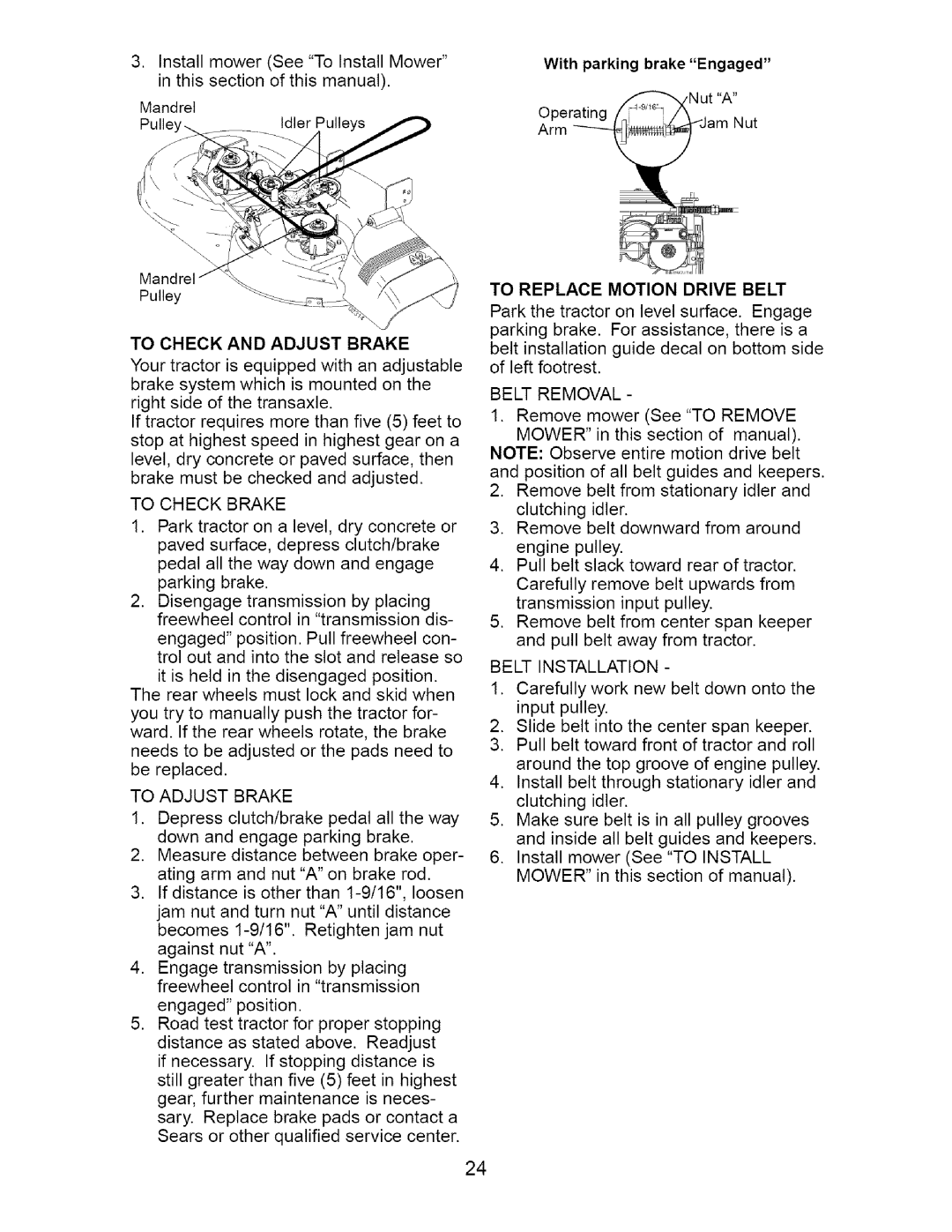 Craftsman 917.2754 owner manual To Check and Adjust Brake, To Check Brake, To Adjust Brake, To Replace Motion Drive Belt 