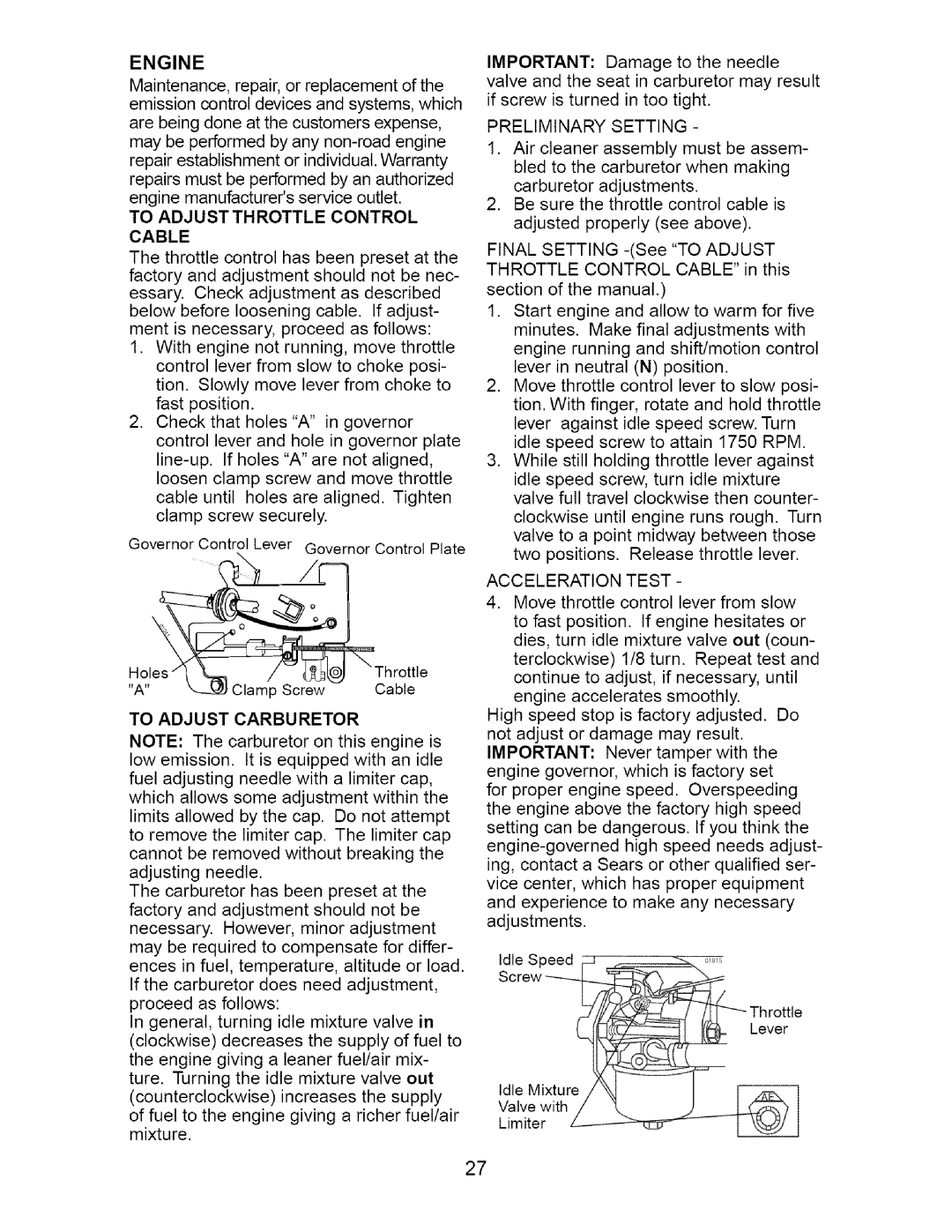 Craftsman 917.2754 Engine, To Adjust Throttle Control Cable, To Adjust Carburetor, Preliminary Setting, Acceleration Test 