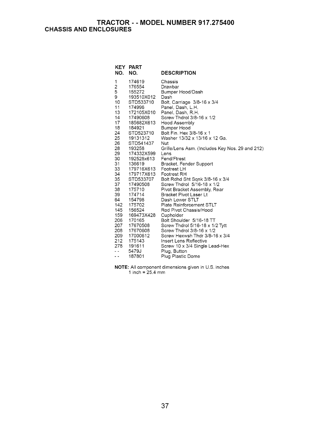 Craftsman owner manual Tractor - Model Number 917.275400 Chassis and Enclosures, KEY Part Description 