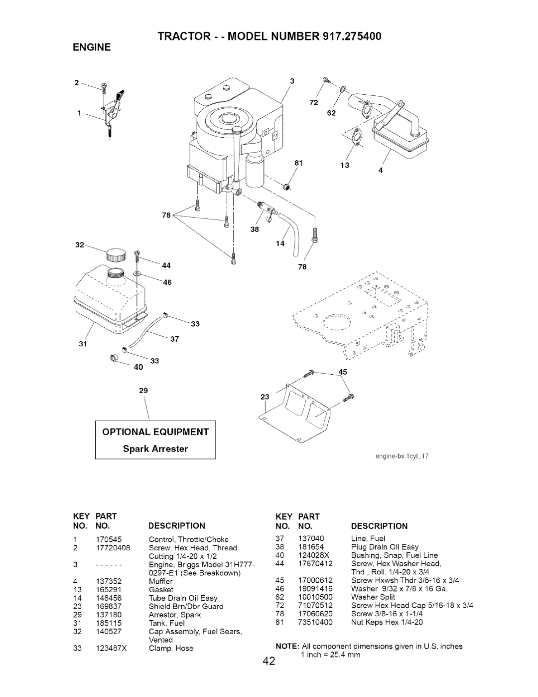 Craftsman 917.2754 owner manual Optional Equipment, KEY Part 