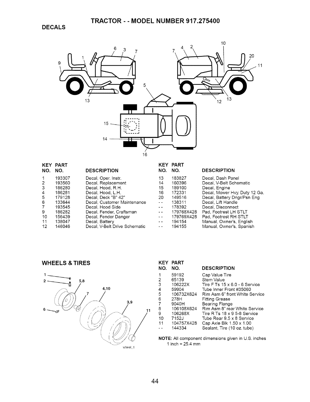 Craftsman 917.2754 owner manual Decals, Wheels & Tires 