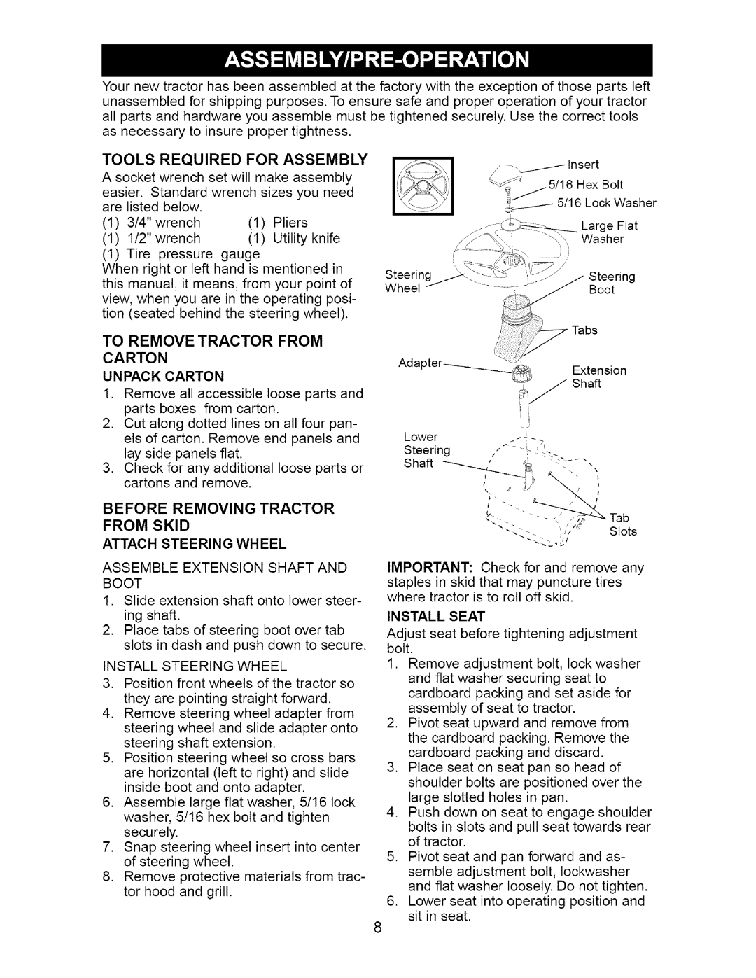 Craftsman 917.2754 owner manual Carton Unpack Carton, Before Removing Tractor From Skid Attach Steering Wheel, For Assembly 