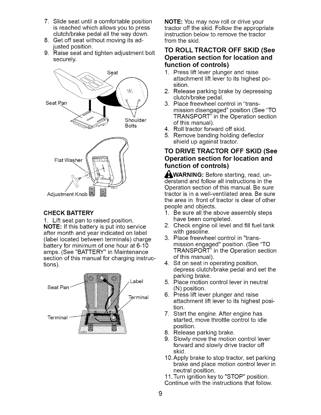 Craftsman 917.2754 owner manual Check Battery, Operation section for location 