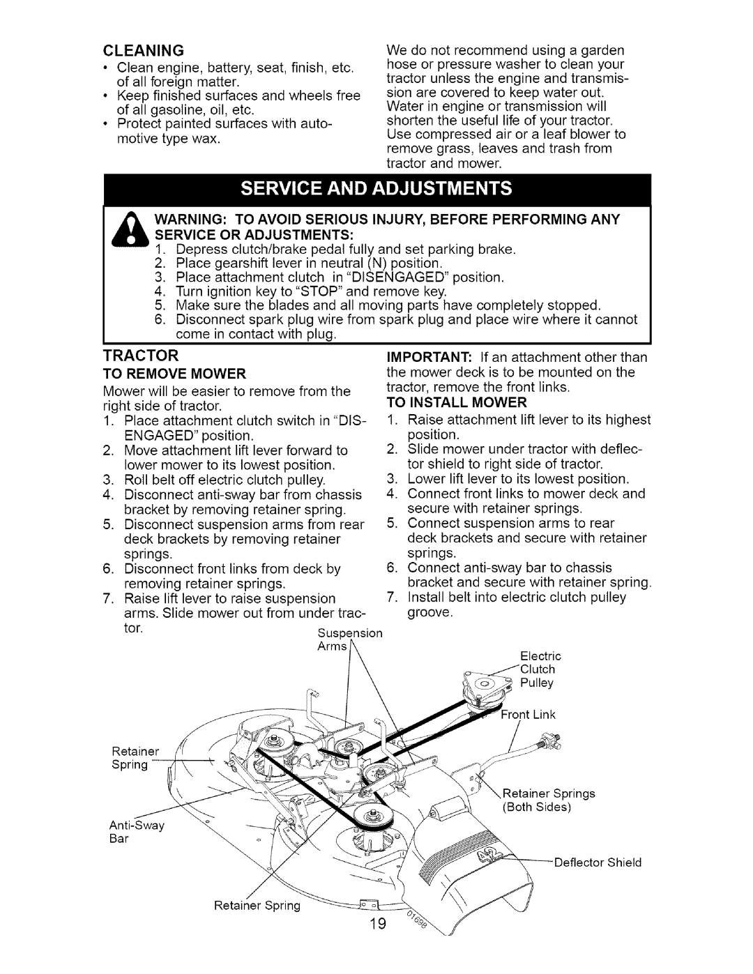 Craftsman 917.275632 manual Service or Adjustments, To Remove Mower, To Install Mower 