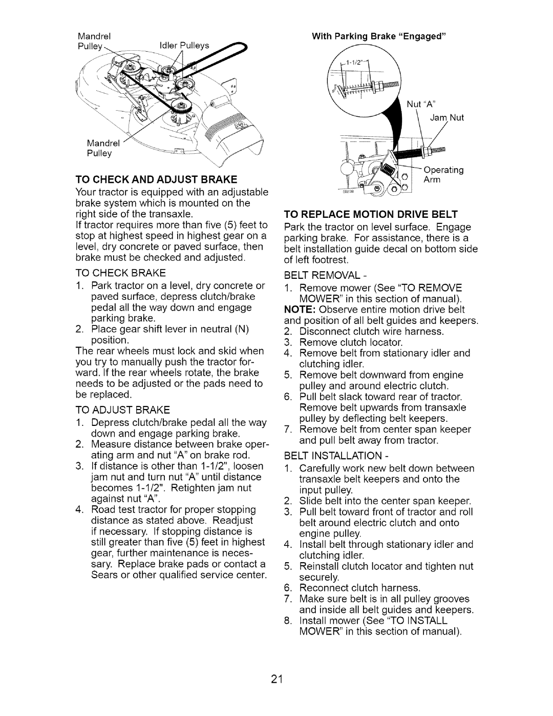 Craftsman 917.275632 manual To Check and Adjust Brake, To Check Brake, To Adjust Brake, To Replace Motion Drive Belt 