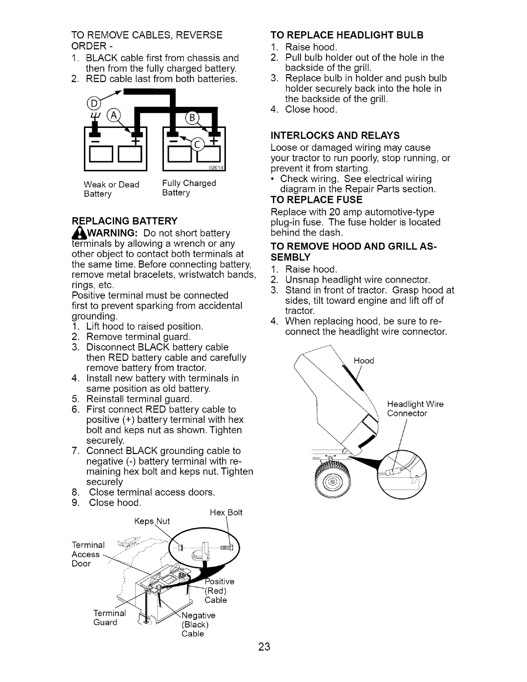 Craftsman 917.275632 manual To Replace Headlight Bulb, Replacing Battery, Interlocks and Relays 