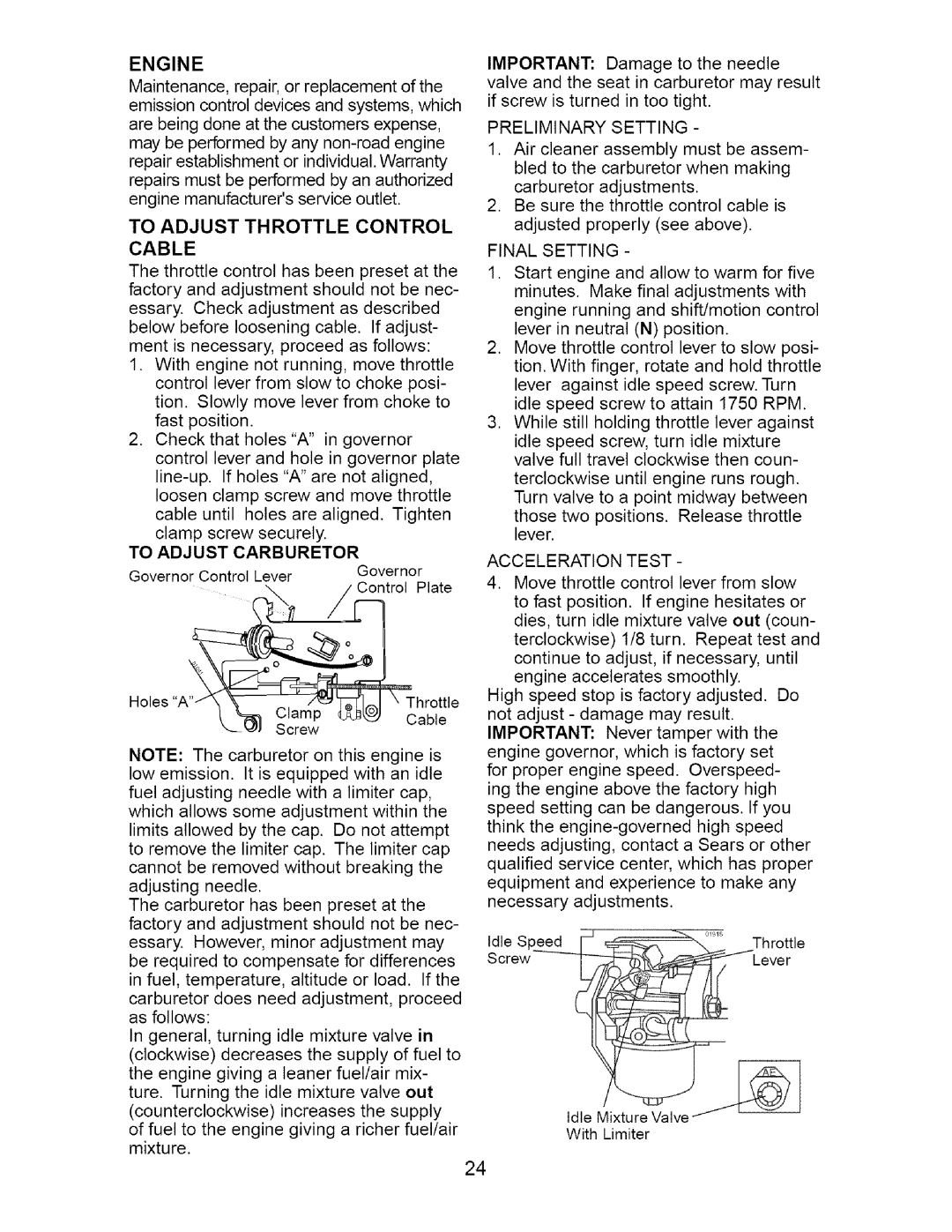 Craftsman 917.275632 manual Engine, To Adjust Carburetor, Preliminary Setting, Final Setting, Acceleration Test 