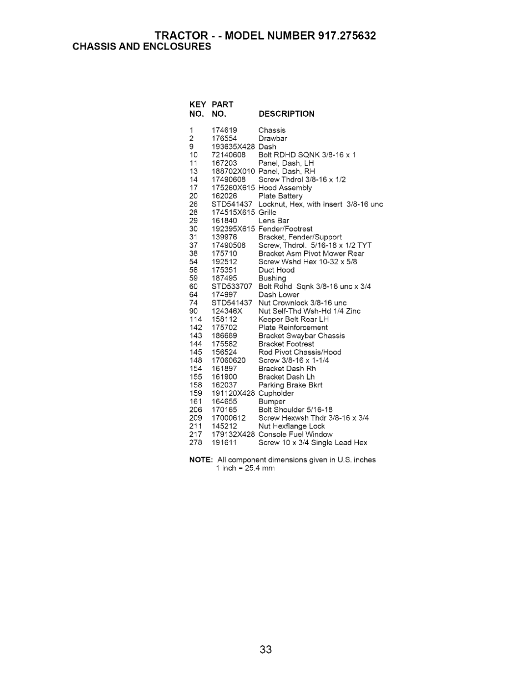 Craftsman manual Tractor - Model Number 917.275632 Chassis and Enclosures, KEY Part Description 