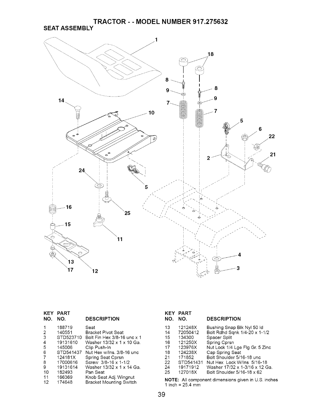 Craftsman 917.275632 manual Tractor - Model Number Seat Assembly, Key 