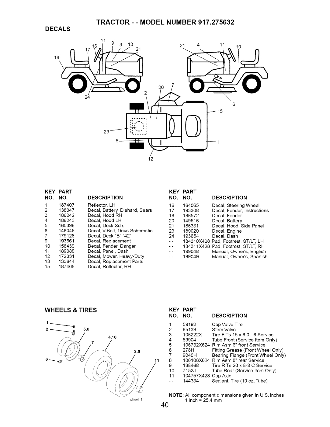 Craftsman 917.275632 manual Decals, Wheels & Tires, KEY Part NO. no 