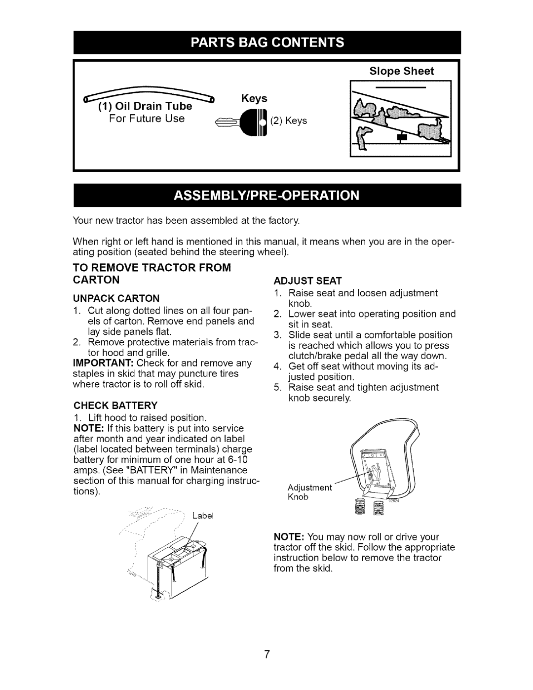 Craftsman 917.275632 manual Unpack Carton, Check Battery, Adjust Seat 