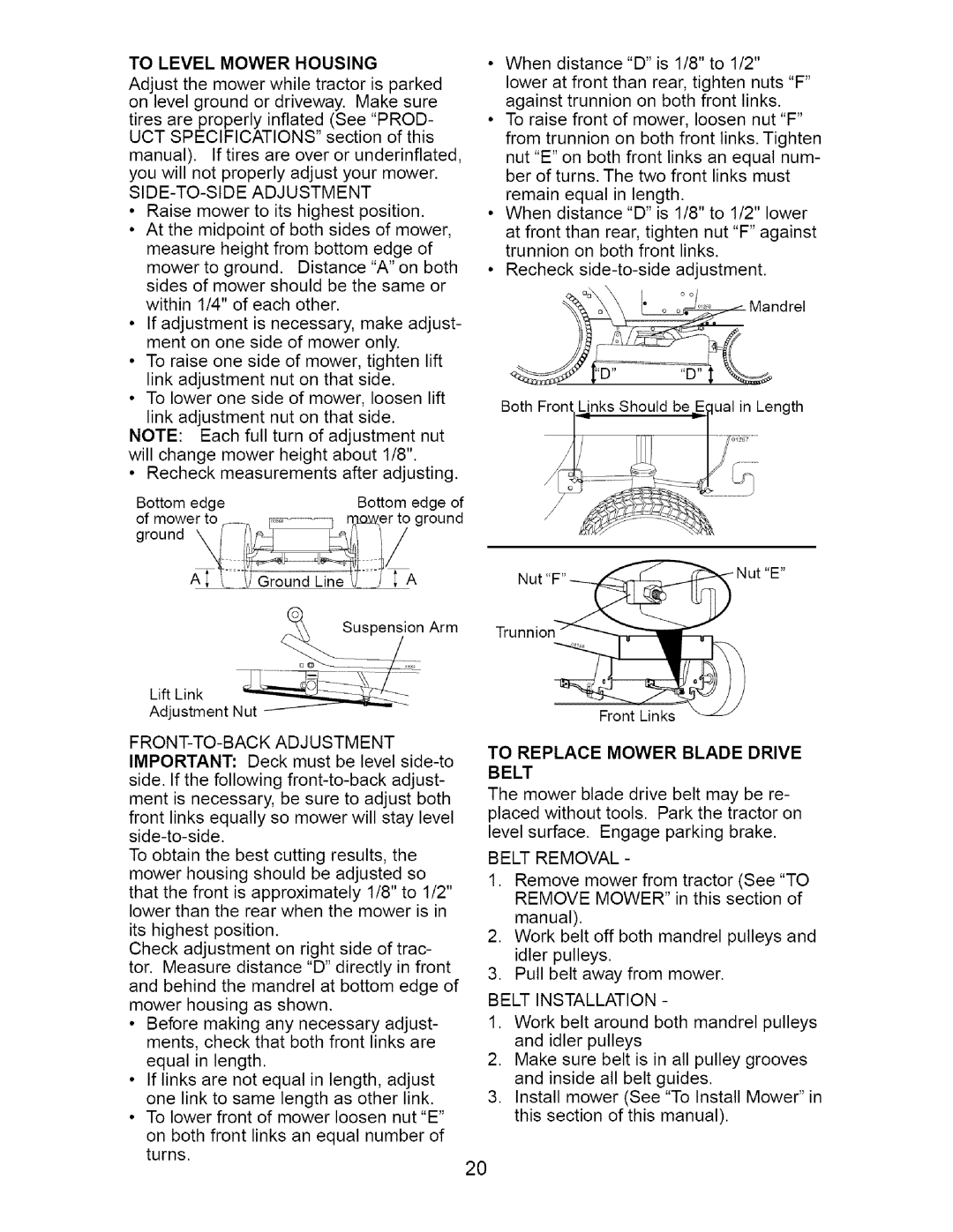 Craftsman 917.275632 manual To Level Mower Housing, fromO_e_t F, To Replace Mower Blade Drive Belt 