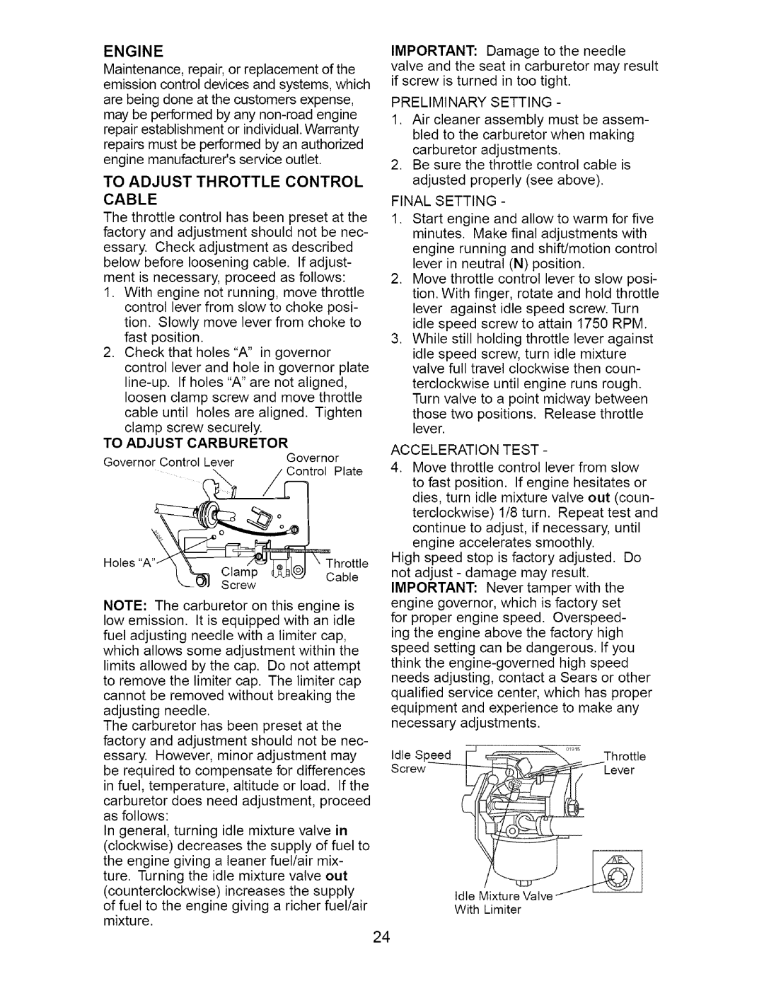 Craftsman 917.275632 manual To Adjust Throttle Control Cable, Engine, To Adjust Carburetor 