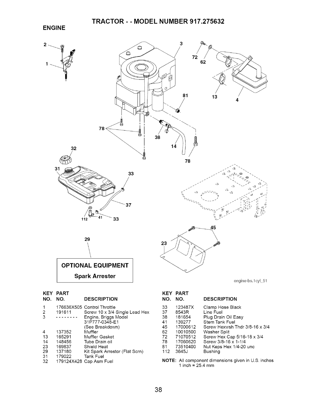 Craftsman 917.275632 manual 3 /3, TRACTOR - - MODEL NUMBER 917,275632, OPTIONAL EQUIPMENT Spark Arrester, Engine 