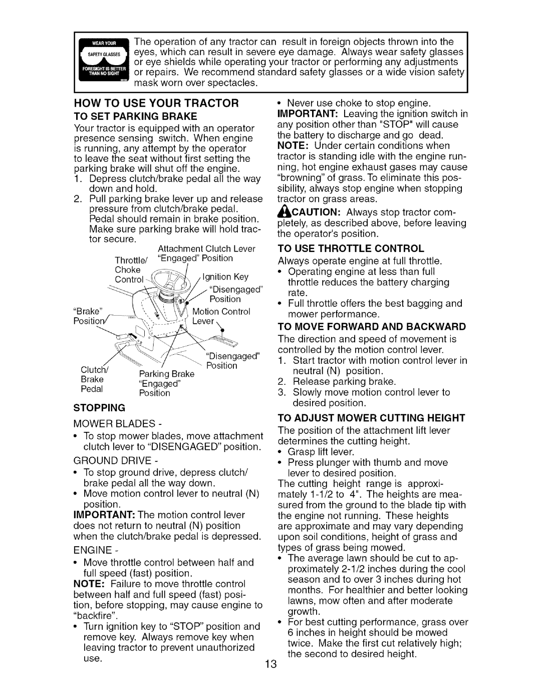 Craftsman 917.275764 owner manual To SET Parking Brake, Stopping 