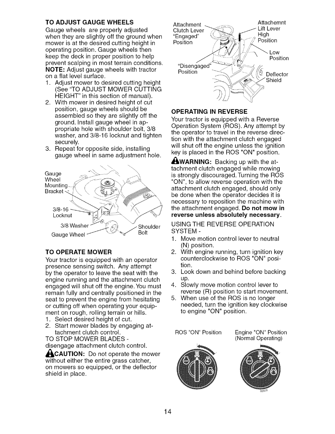 Craftsman 917.275764 To Adjust Gauge Wheels, Operating in Reverse, Using the Reverse Operation System, To Operate Mower 