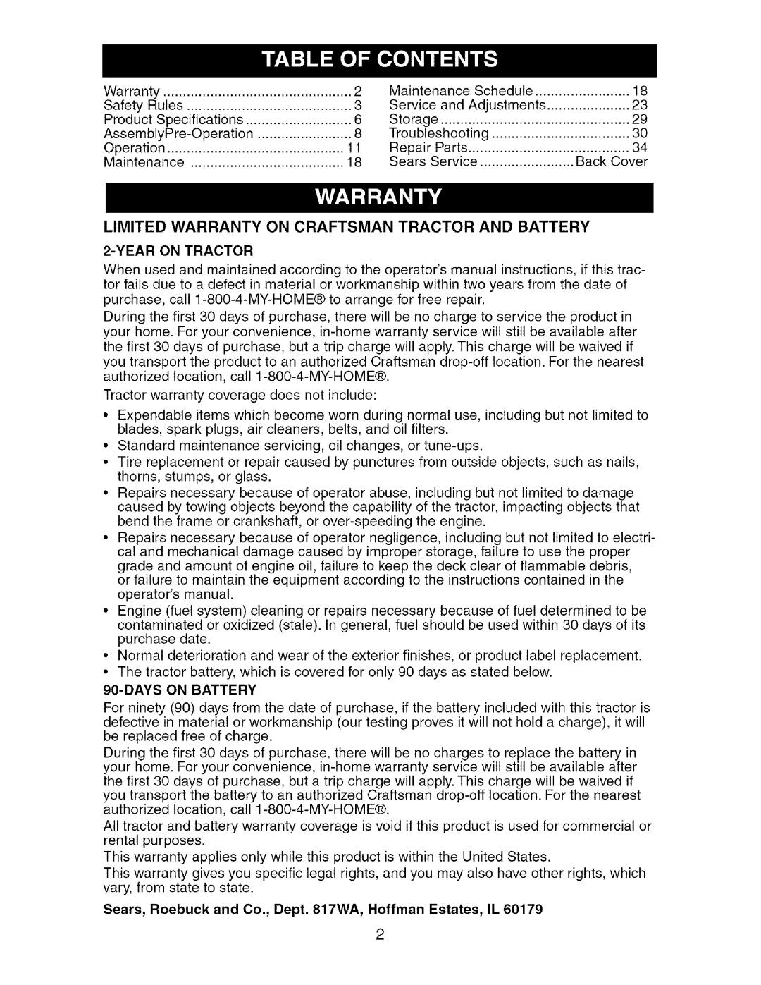 Craftsman 917.275764 owner manual Year on Tractor, Days on Battery 