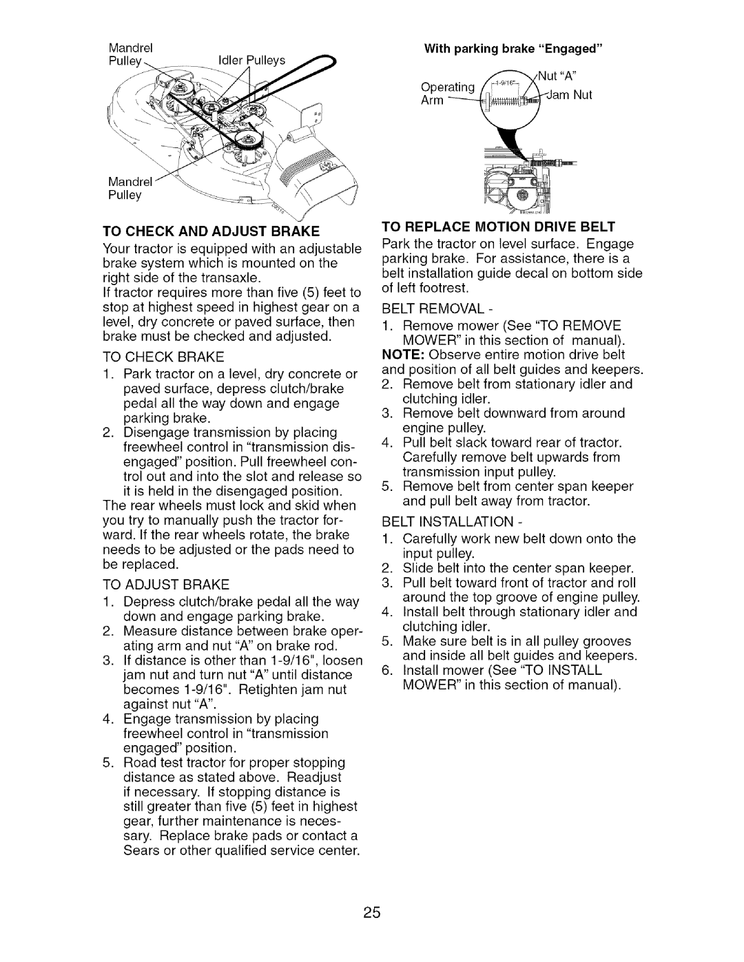 Craftsman 917.275764 owner manual To Check and Adjust Brake, To Check Brake, To Adjust Brake, To Replace Motion Drive Belt 