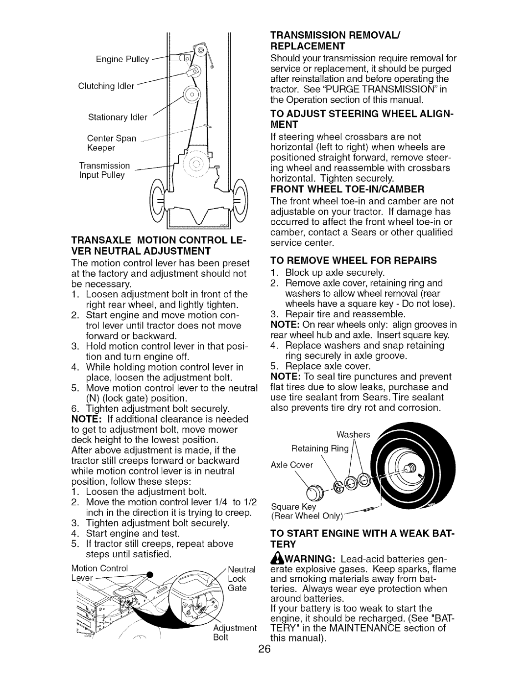 Craftsman 917.275764 Transaxle Motion Control LE VER Neutral Adjustment, Transmission Removal Replacement, Ment 