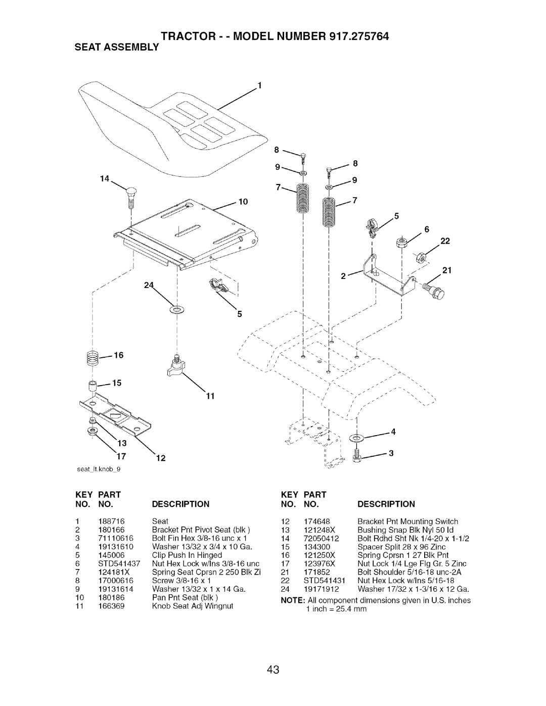 Craftsman 917.275764 owner manual Tractor - Model Number Seat Assembly 