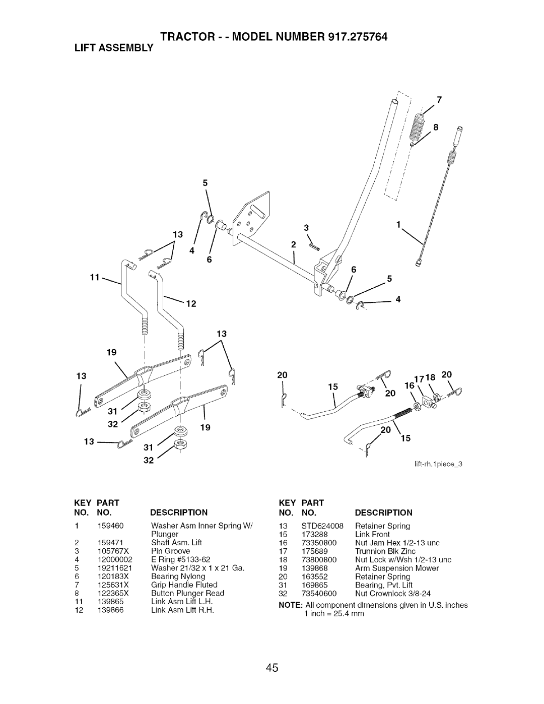 Craftsman 917.275764 owner manual Tractor - Model Number Lift Assembly 