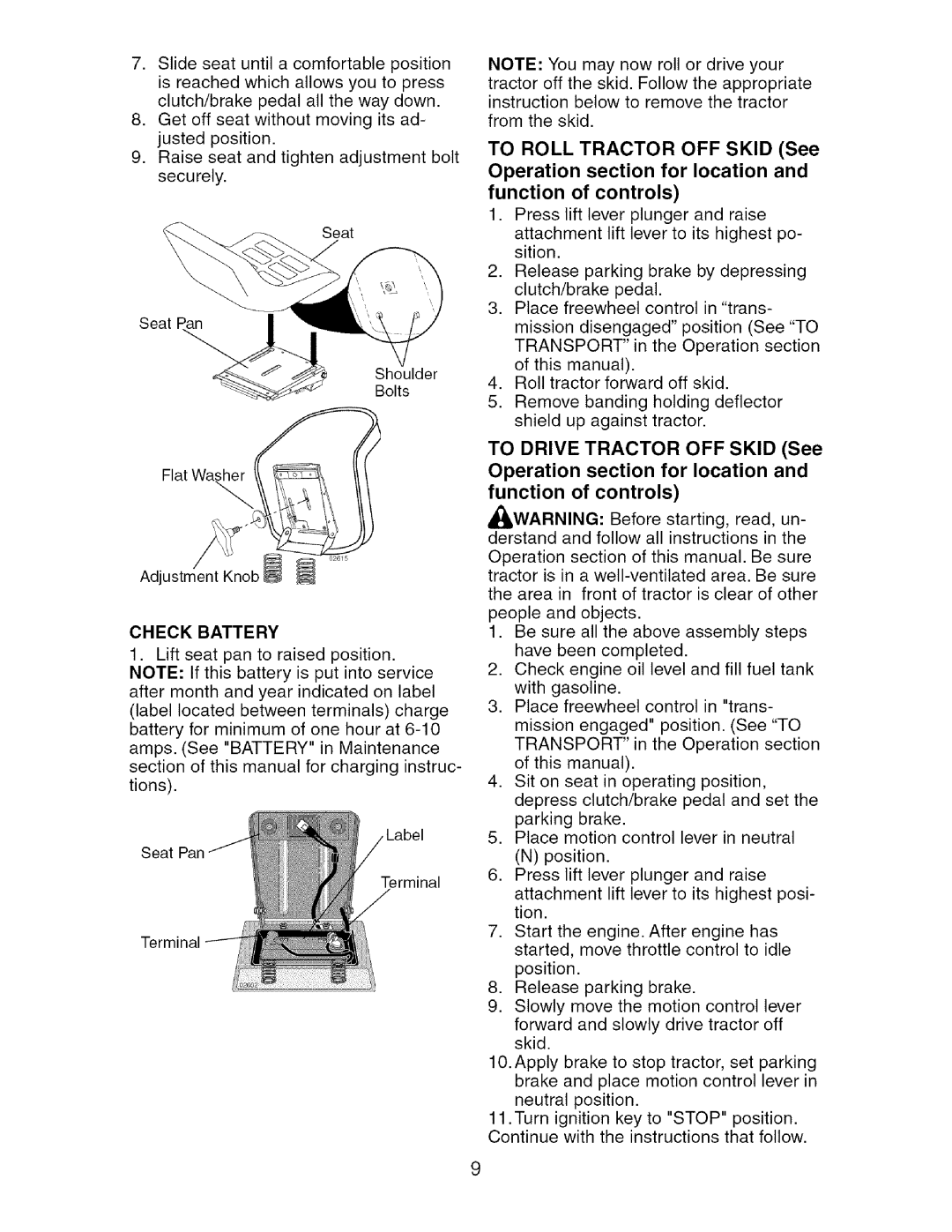 Craftsman 917.275764 owner manual Check Battery, To Roll Tractor OFF Skid See Operation section for location 