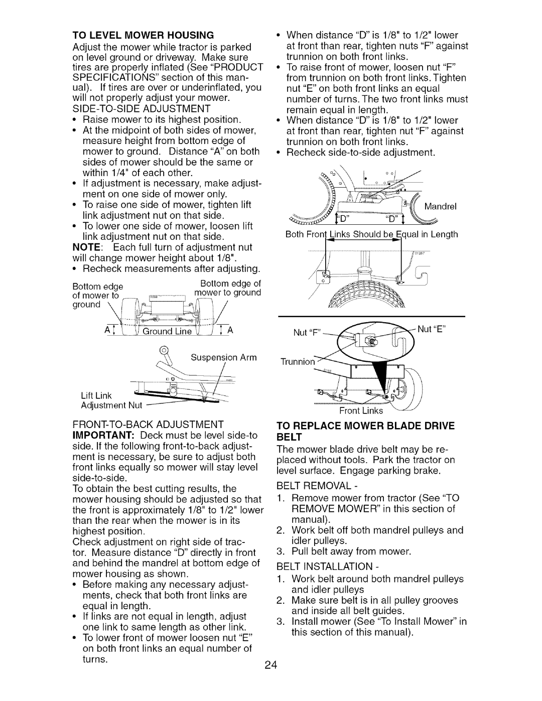 Craftsman 917.275764 owner manual To Level Mower Housing, To Replace Mower Blade Drive Belt 