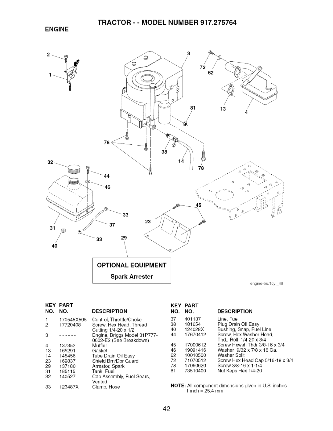 Craftsman 917.275764 owner manual Optional, Equipment, Spark, Arrester, Engine, Part 