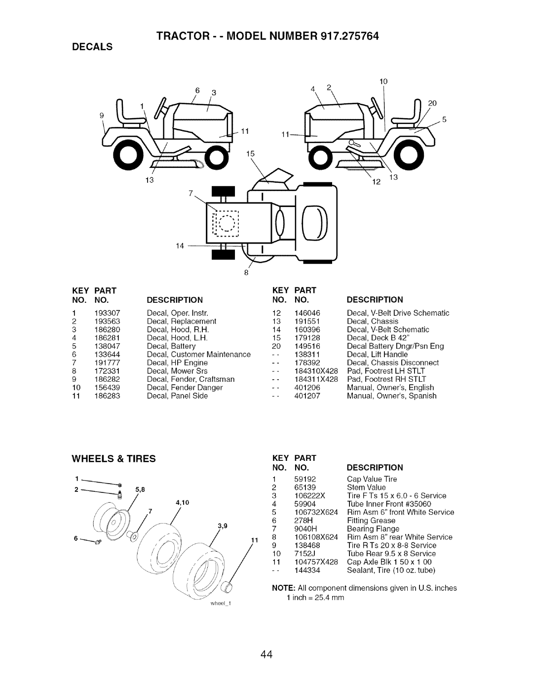 Craftsman 917.275764 owner manual Decals, Description, Wheels & Tires 