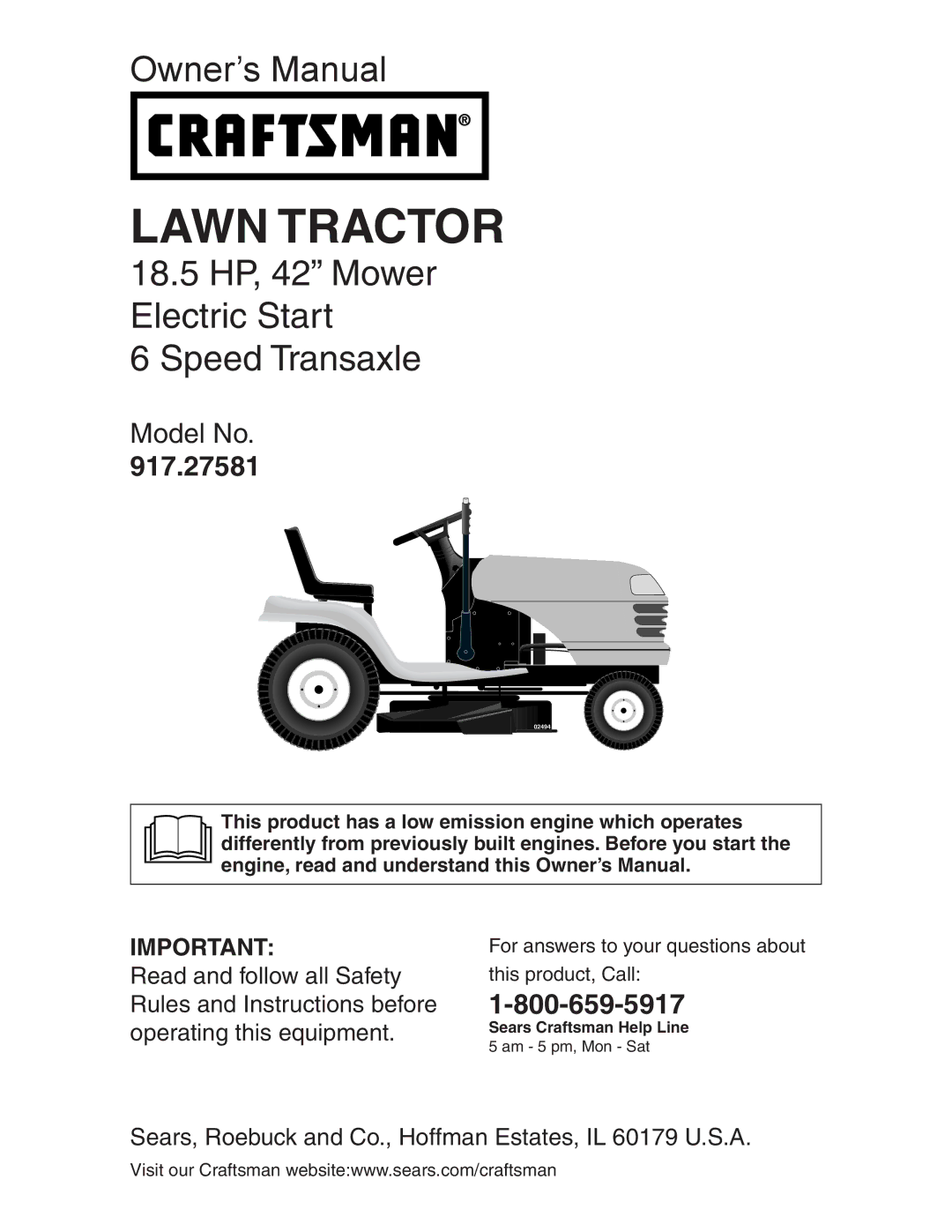 Craftsman 917.27581 owner manual Lawn Tractor 